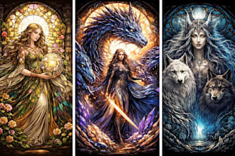 draw custom stained glass art illustration, line art, fantasy or character glass