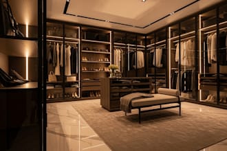 design luxury walk in closet, cabinet dressing room wardrobe interior, 3d render