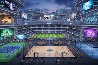 create 3d sport complex gym render football field pickleball and gaming arenas