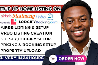 setup airbnb lisiting, vrbo, guesty, lodgify, hostaway booking com listings