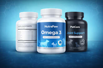 design supplemnts bottle label design and 3d packaging render for pet products