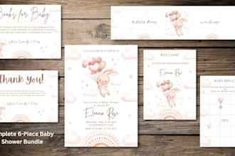 design a complete boho bunny baby shower bundle with 6 matching pieces