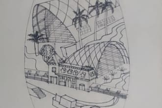 do architecture sketch of interior and exterior building