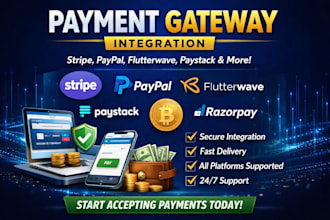 integrate secure payment gateway stripe paypal flutterwave paystack for your web