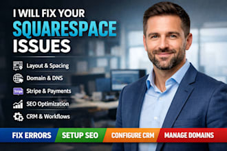 fix squarespace layout spacing domain errors stripe workflows SEO setup CRM dns
