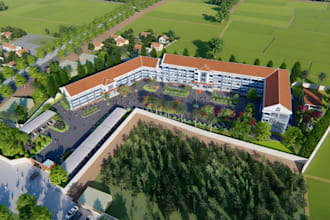 remodel 3d school building, campus master plan, urban landscape, exterior render