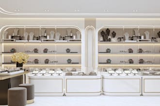 modernize luxury jewelry store, interior design, retail store, commercial render