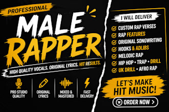be male rapper, rapper vocals, rapper feature and UK drill rap, ghostwriter rap