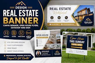 design real estate banner, canva signage, open house flyers, outdoor yard sign