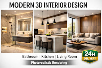 design modern bathroom interior, in 3d with kitchen, and living room, rendering