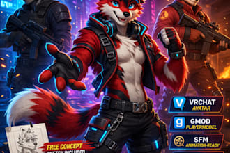 create fully rigged vrchat furry avatar, gmod playermodel, sfm, and tf2 model