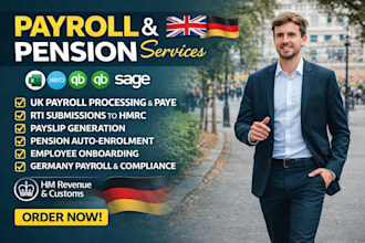 do UK company payroll, paye, pension, payslips, rti submission, germany payroll