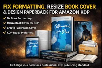 fix book formatting resize book cover, and create paperback cover for amazon KDP