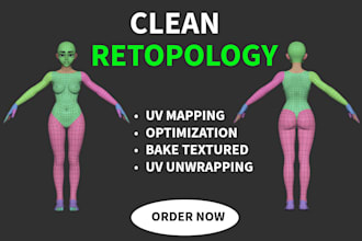 do clean retopology for 3d model and character with uv mapping and bake texture