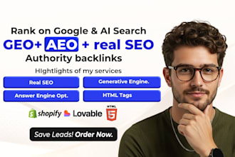 setup fix shopify lovable ai website ranking, GEO, aeo, monthly SEO, backlinks