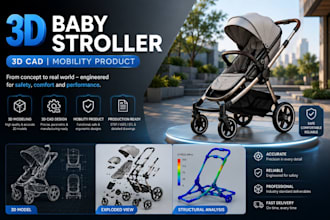 design 3d baby stroller 3d cad mobility product, and draw any kind of structure