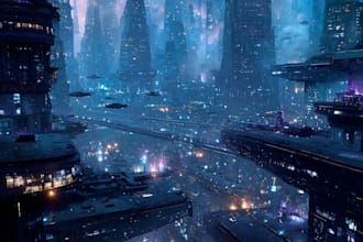 draw futuristic city landscape for games, books, films