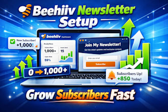 setup beehiv newsletter, design landing page website to grow subscriber fast