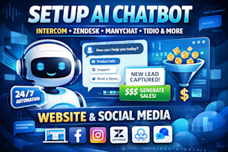 setup ai chatbot, intercom, zendesk, manychat, tidio for website and social medi