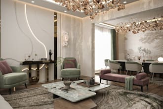 do create modern drawing room interior and dining area 3d