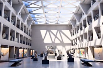 do 3d cgi unreal engine design for art museum, art gallery space with d5 render