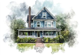handmade watercolor painting of house