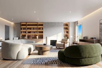 visualize minimalist apartment interior, furniture layout, exterior rendering