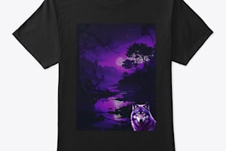 design a mystical purple wolf night landscape tshirt