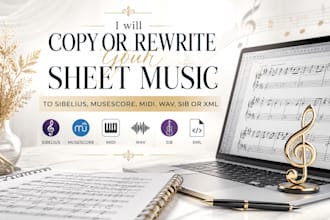 copy or rewrite your sheet music to sibelius, musescore, midi, wav, sib or XML