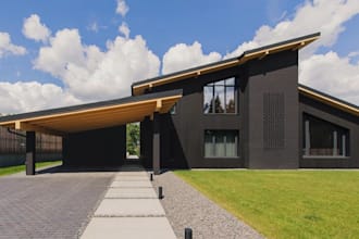 do 3d residential building, modern detached house,paved driveway, carport render