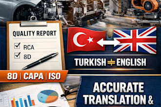 write professional 8d, rca, warranty reports and turkish english translations