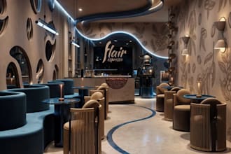 innovative 3d coffee shop,cafe layout,open bar,interior design,counters,3ds max