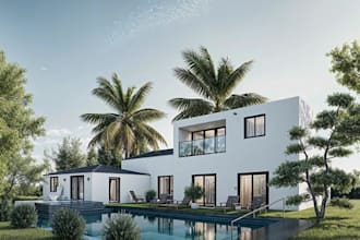 revamp modern villa exterior, private pool,glass balcony,landscaped garden,v ray