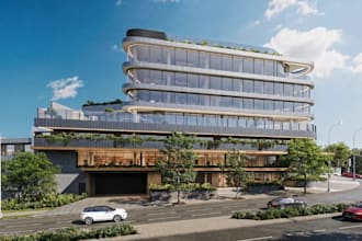 render commercial building concept, retail frontage design, site plan 3d visual