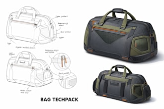 do flat sketch drawing tech pack for handbag backpack tote bag or shoe techpack