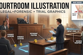 create courtroom illustration forensic legal court trial visual evidence graphic
