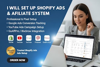 setup shopify advertising app tiktok goaffpro pinterest, goggle, youtube website