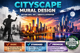 design modern cityscape mural, skyline wall art, urban mural illustration