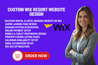 design wix resort website, vacation rental, hotel booking website on wix, carrd