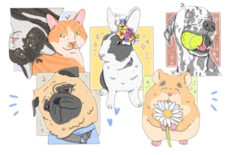 draw a cute custom portrait of pet, cat, dog from photo