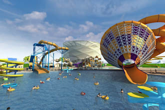 do 3d water park design, aqua resort, leisure park, theme park, pool design