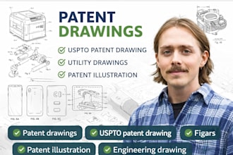 draw uspto patent drawing, utility drawing, engineering drawing or illustration