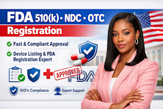 handle fda 510k submission, device listing, ndc, otc registration and compliance