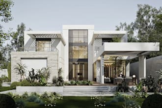 build up 3d modern villa facade, cgi outdoor loggia, exterior balcony render,cad