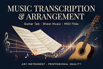 transcribe, arrange music into guitar tab, sheet music, midi for any instrument