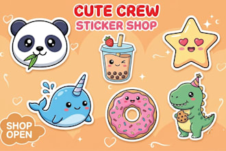 cute custom kawaii, chibi, stickers, mascots, logo design