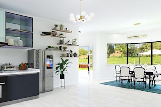 design and render realistic kitchen, open space living areas