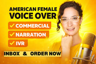 record american female voice over for commercial, narration, IVR and ads