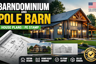 draw barndominium pole barn house plans with pe stamp as licensed architect