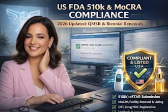 handle fda 510k submission, device listing, ndc, otc registration and compliance